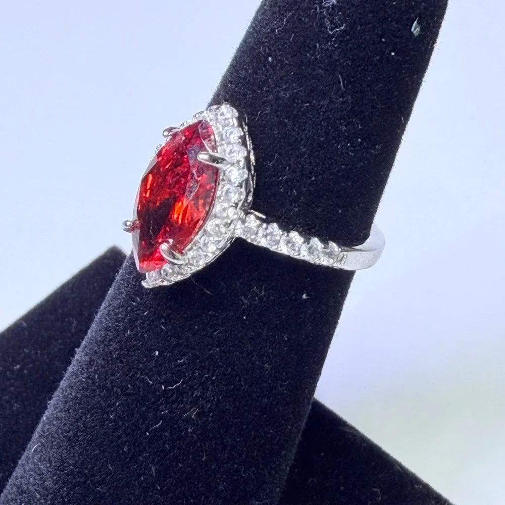 Marquise Cut Red Gemstone Halo Ring Silver Tone Pavé Band Statement Jewelry